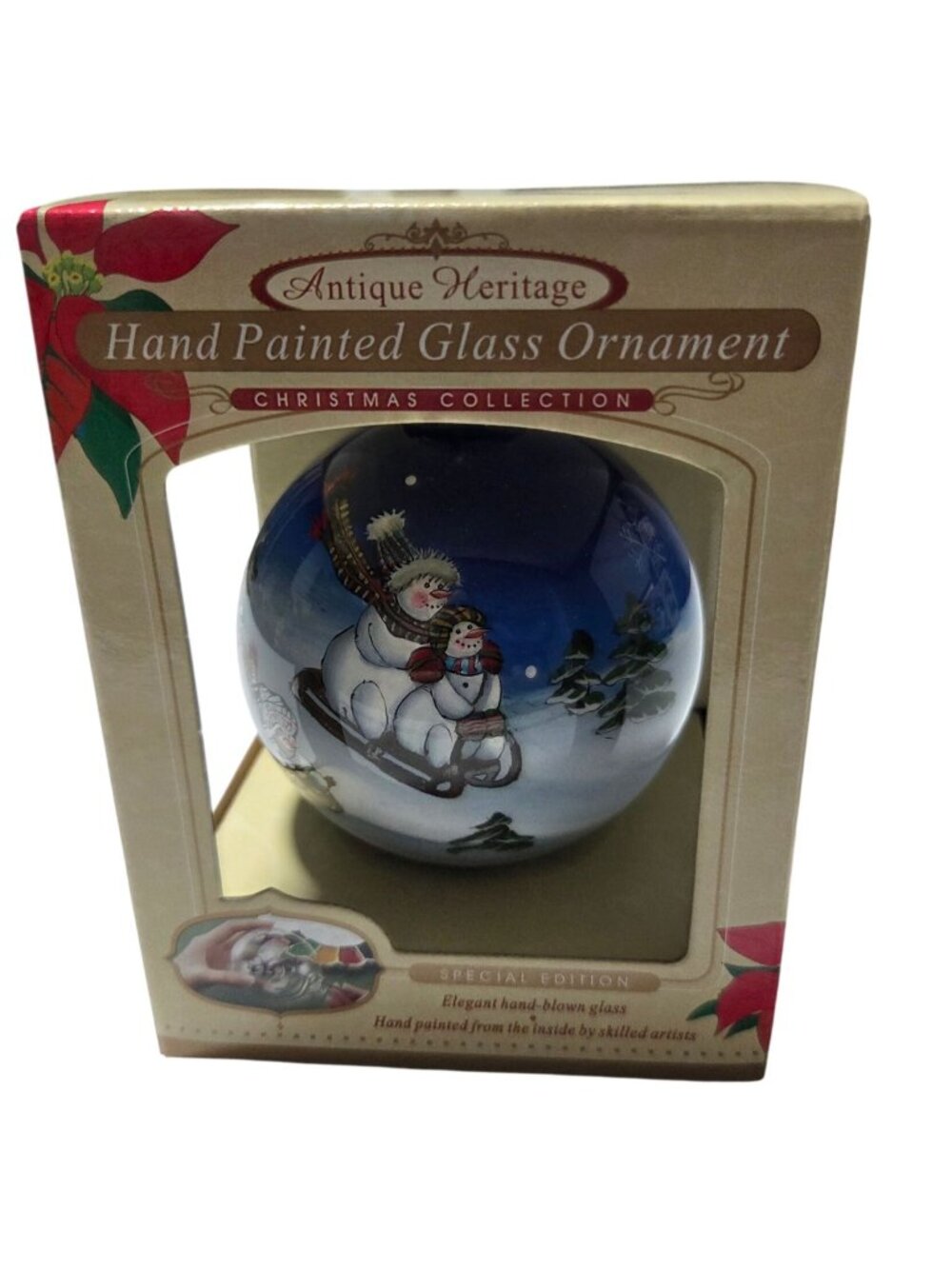 Antique Heritage Hand Painted Glass Ornament Christmas Snowmen Sledding Scene